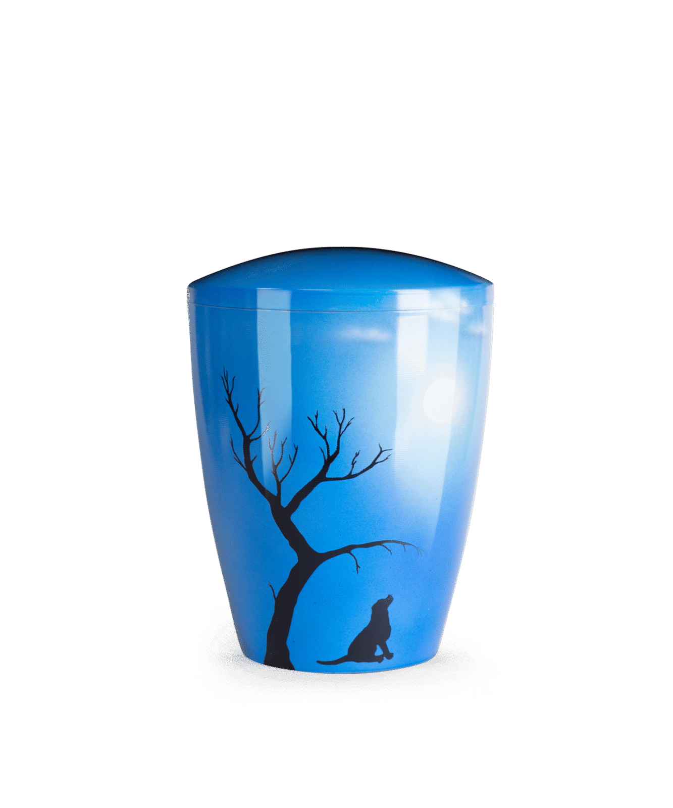 Airbrush-Urne mit Hund in Blautönen – handbemalt, friedvoll und biologisch abbaubar