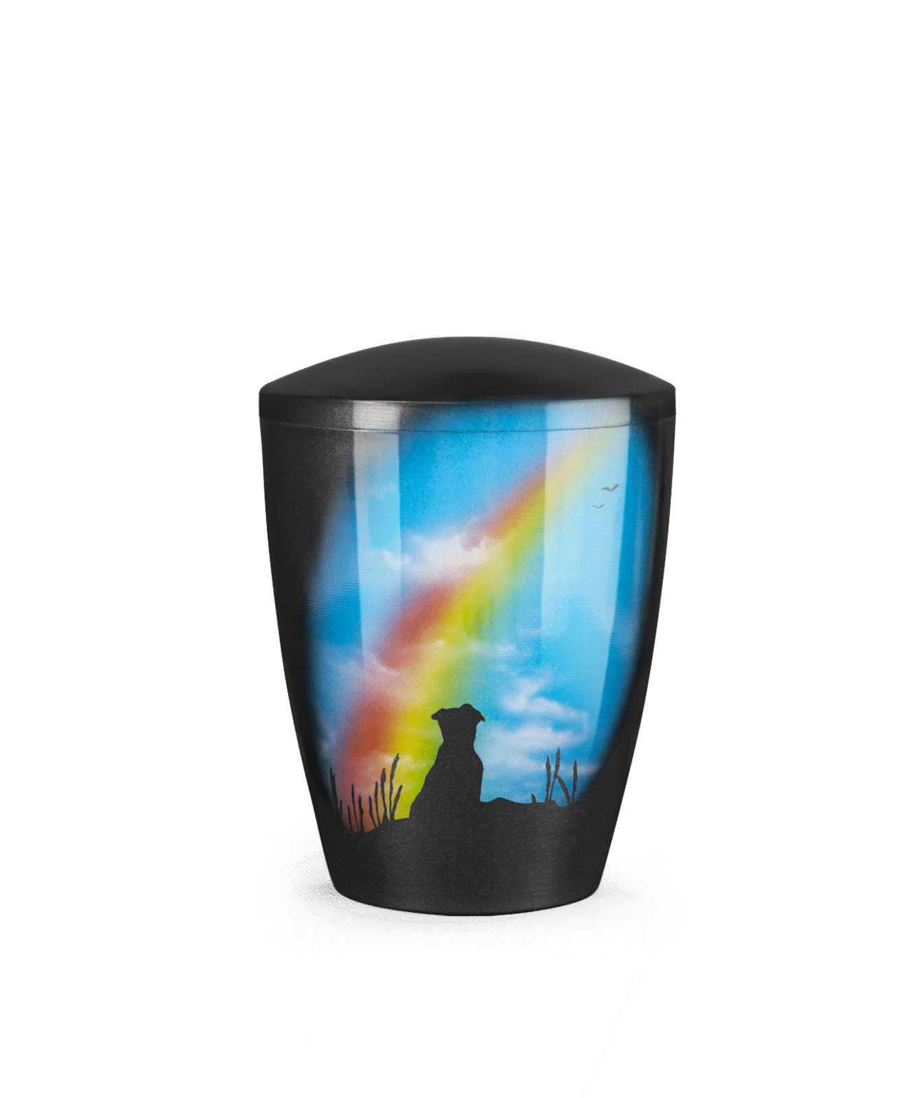 Airbrush-Urne mit Hund, der zum Regenbogen blickt – handbemalt, farbenfroh und biologisch abbaubar