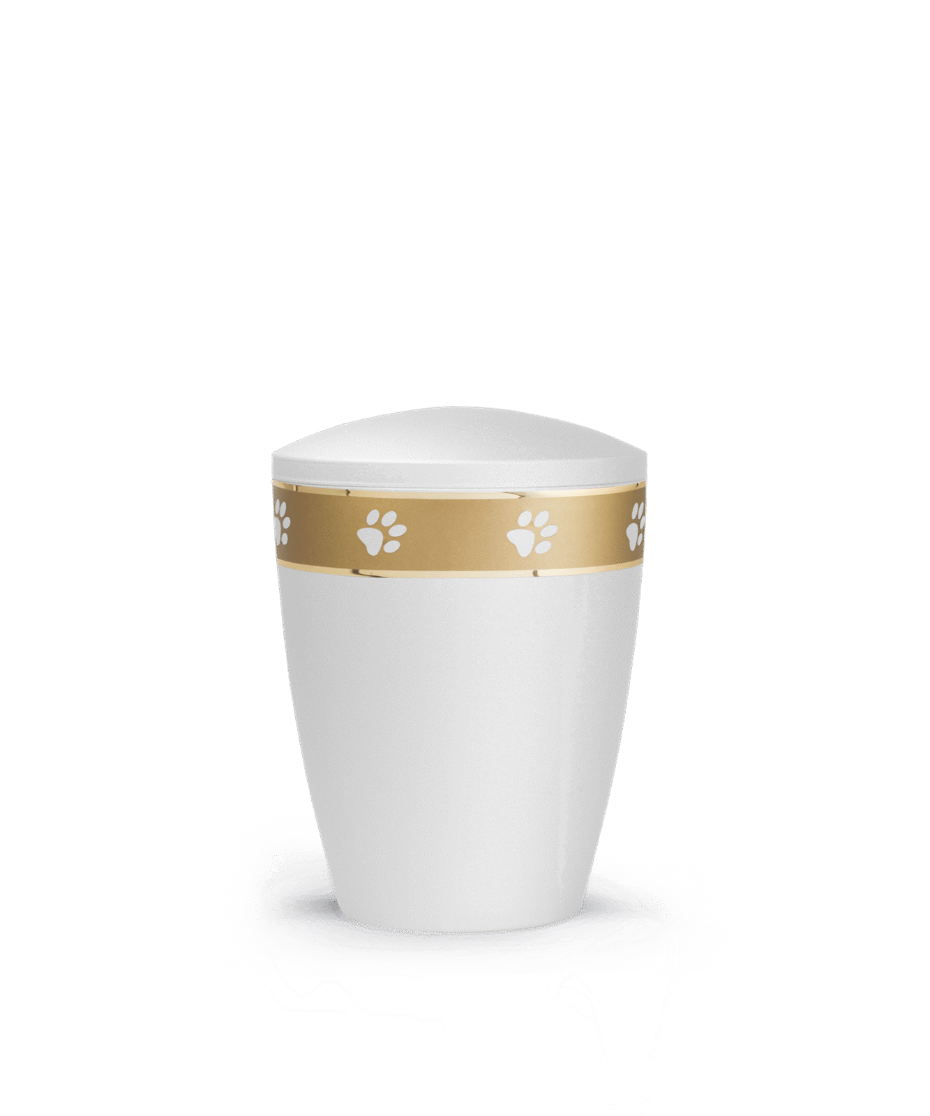 Weiße Urne der Edition Patas de oro mit goldenem Pfotenband – schlicht, edel und biologisch abbaubar