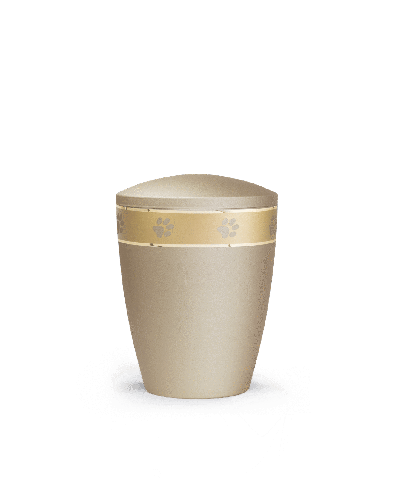 Champagnerfarbene Urne der Edition Patas de oro mit goldenem Pfotenband – elegant, warm und abbaubar