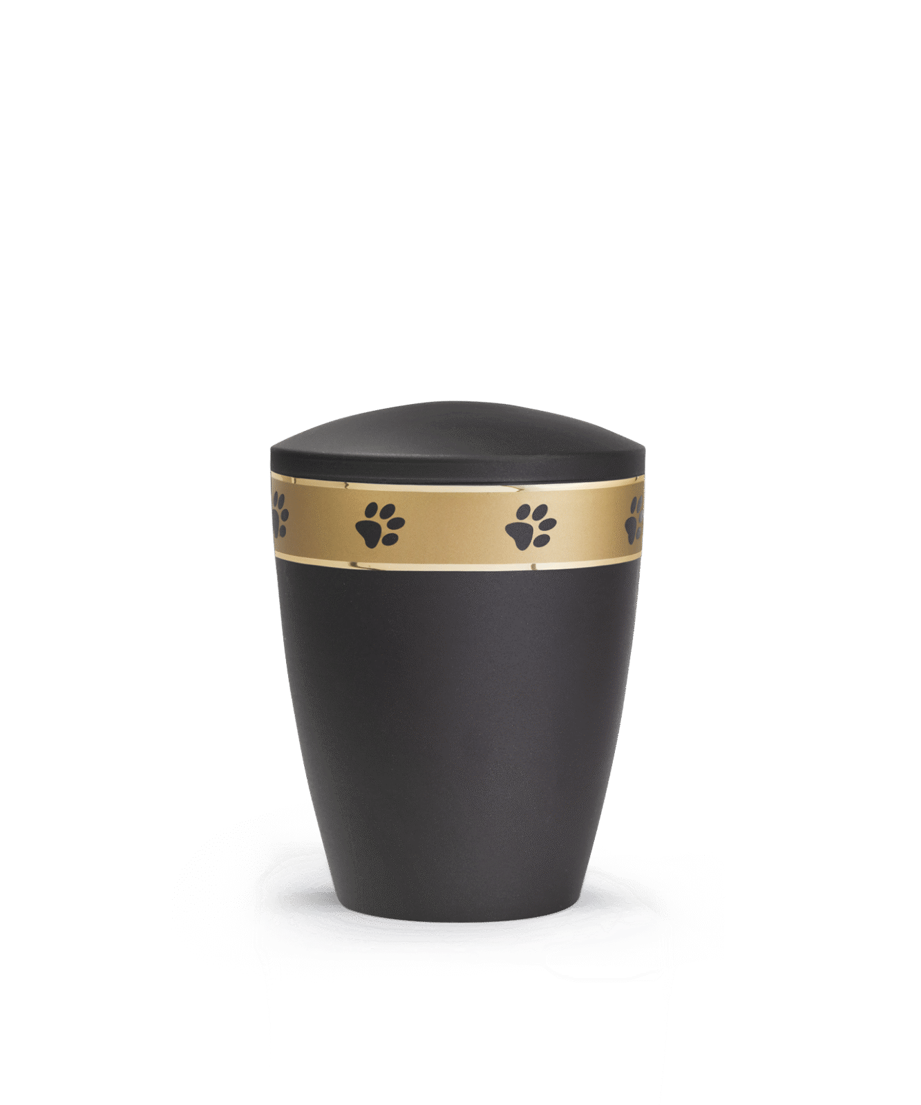 Schwarze Urne der Edition Patas de oro mit goldenem Pfotenband – edel, kraftvoll und biologisch abbaubar