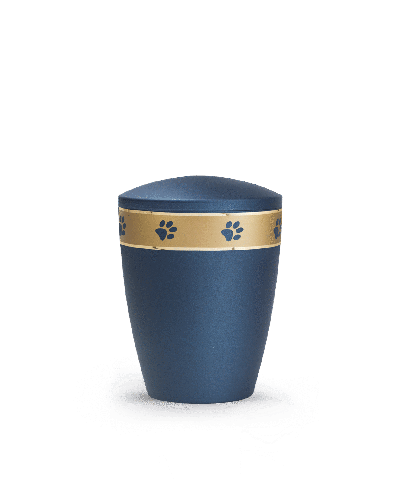 Dunkelblaue Urne der Edition Patas de oro mit goldenem Pfotenband – edel, harmonisch und biologisch abbaubar