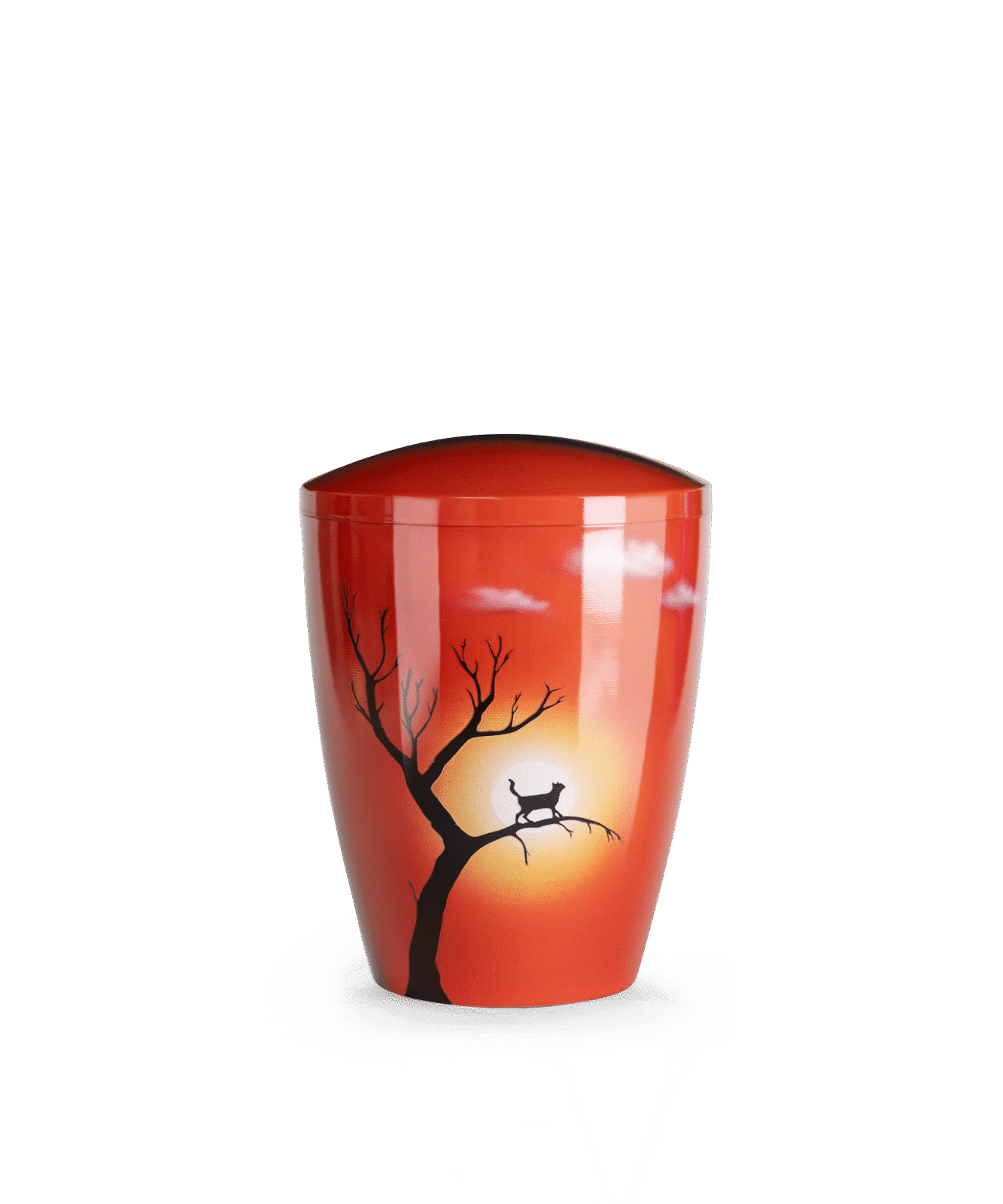 Airbrush-Urne mit Katze vor leuchtender Sonne – warmes Farbspiel in Rot und Orange, handbemalt und biologisch abbaubar