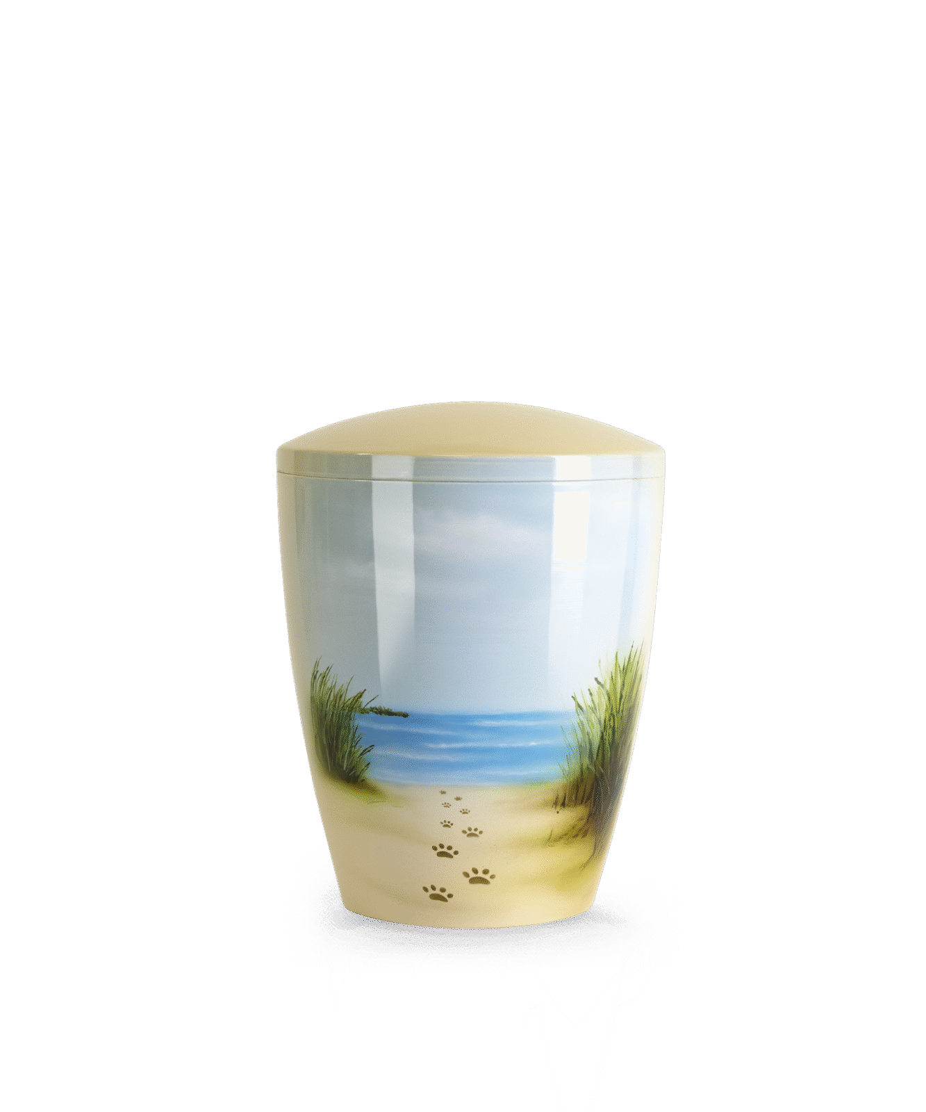 Airbrush-Urne mit Himmelsstrand-Motiv – handbemalt, in sanften Blau- und Beigetönen, biologisch abbaubar