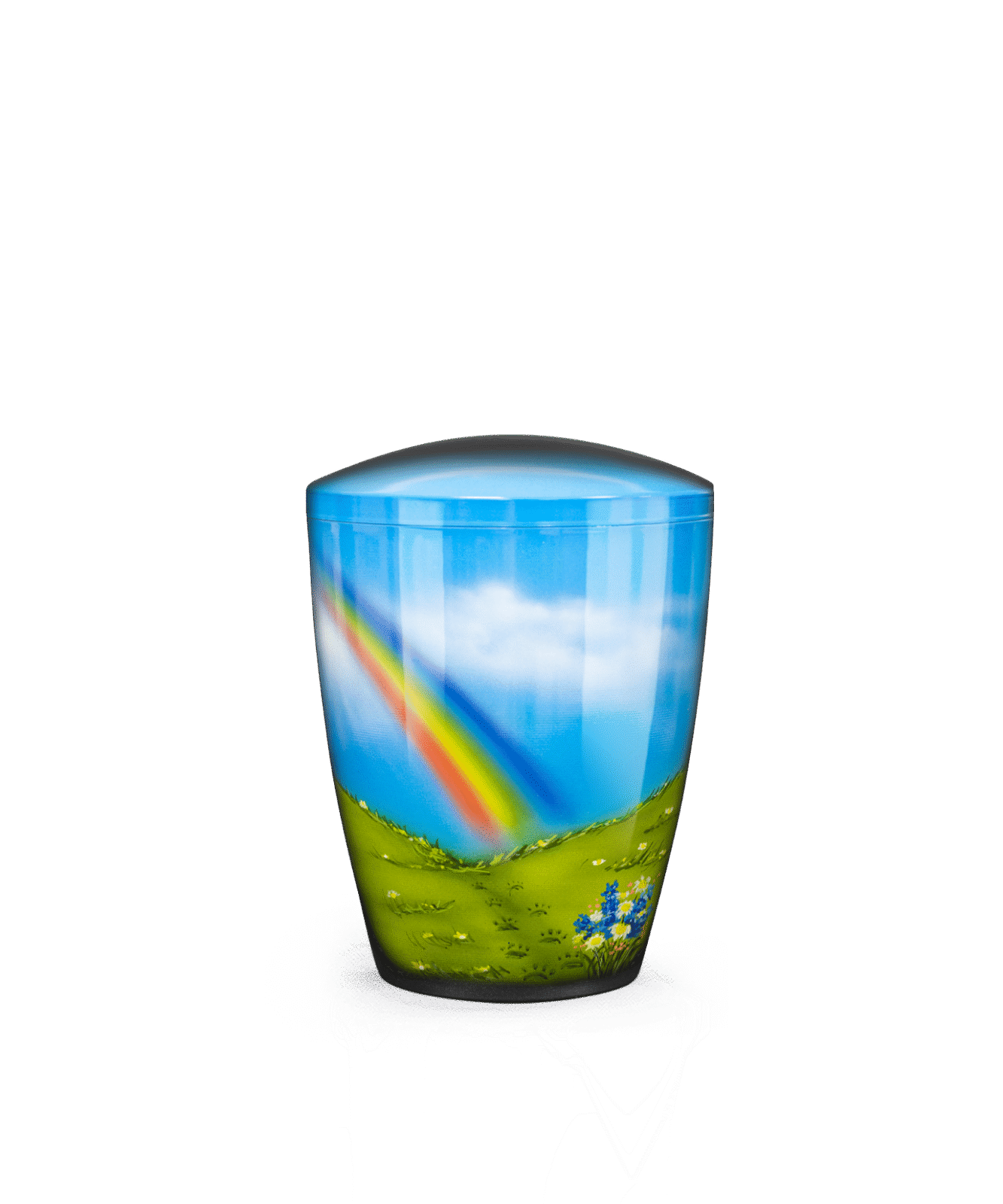 Airbrush-Urne mit Regenbogenmotiv – leuchtende Farben, handbemalt und biologisch abbaubar