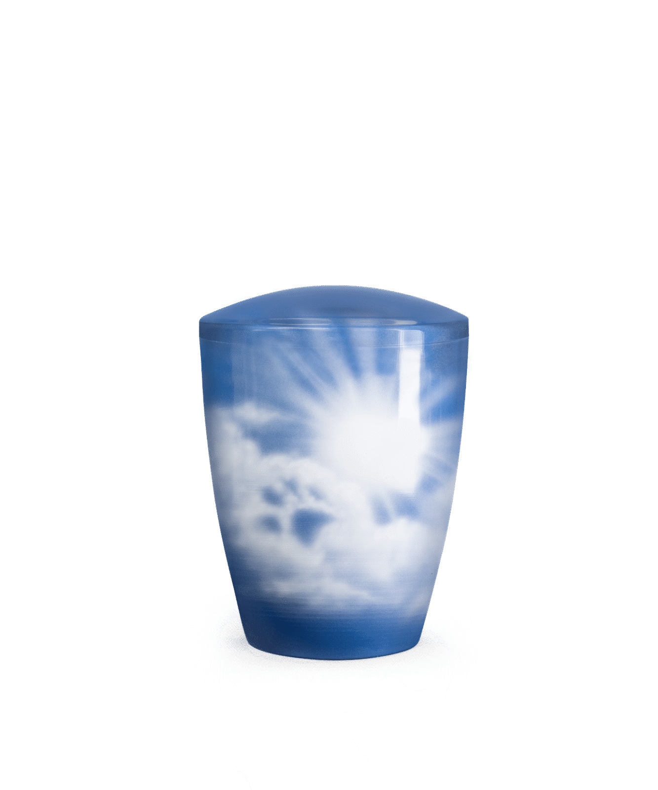 Airbrush-Urne mit Pfote im Himmel – zarte Blautöne, handbemalt und aus biologisch abbaubarem Naturstoff gefertigt