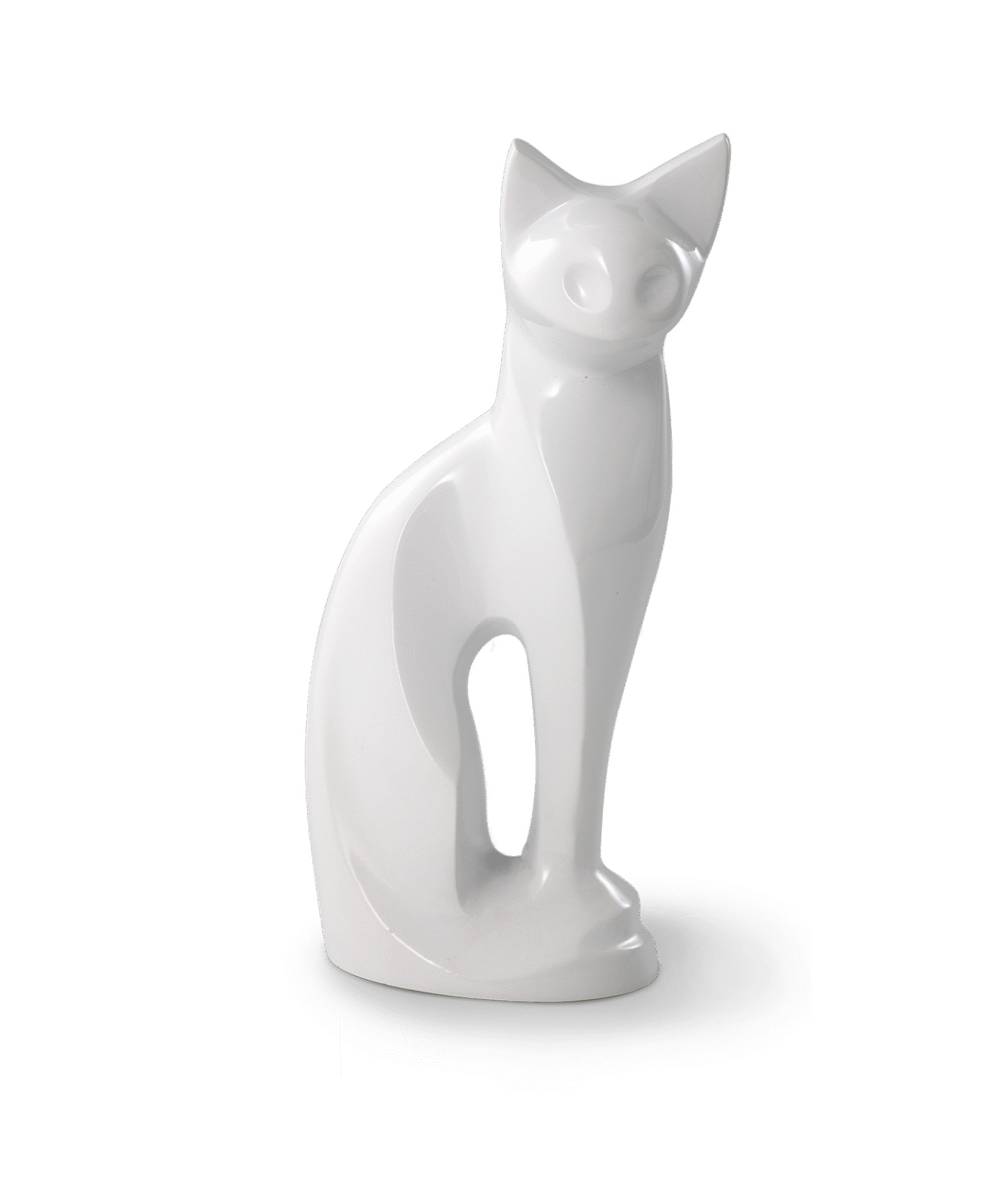 Weiße Katzenskulptur-Urne aus Keramik – elegante, schlichte Erinnerung für kleine Tiere mit sanftem Glanz und zeitloser Form.
