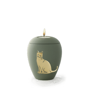 Olivfarbene Keramikurne mit goldfarbener Katze – Edition Siena von Phönix Tierbestattung