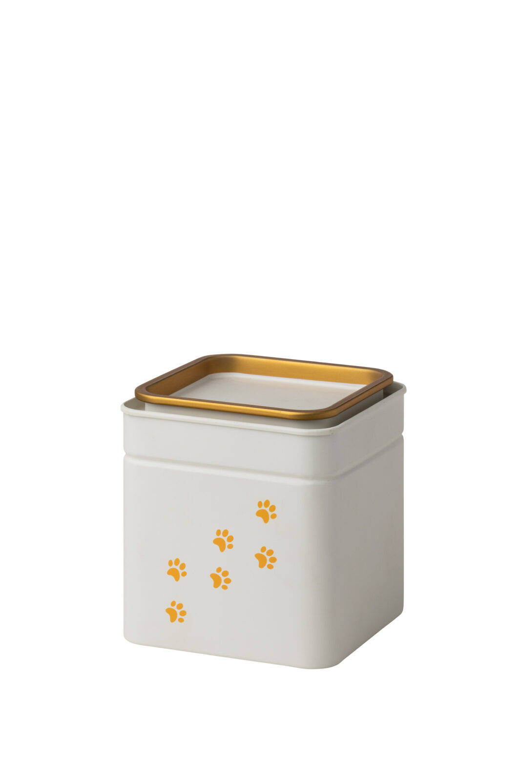 Kleine Zinnurne mit goldfarbenen Pfotenspuren und hellem Deckel – eine schlichte, würdige Erinnerung an ein geliebtes Tier.