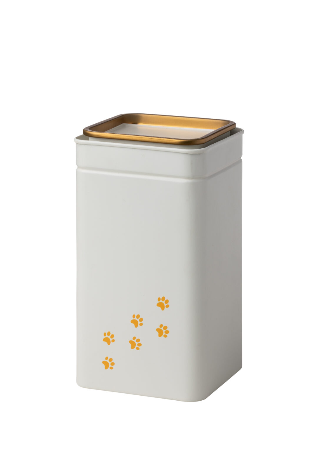 Große Zinnurne mit goldfarbenen Pfotenspuren und hellem Deckel – eine zeitlose, würdevolle Erinnerung an ein geliebtes Tier.